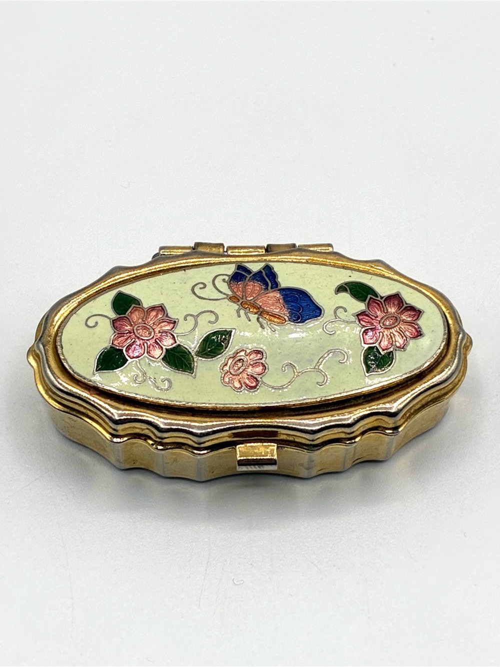 Vintage Cloisonné Butterfly Trinket Box Gold Tone Enamel Jewelry Pill Box